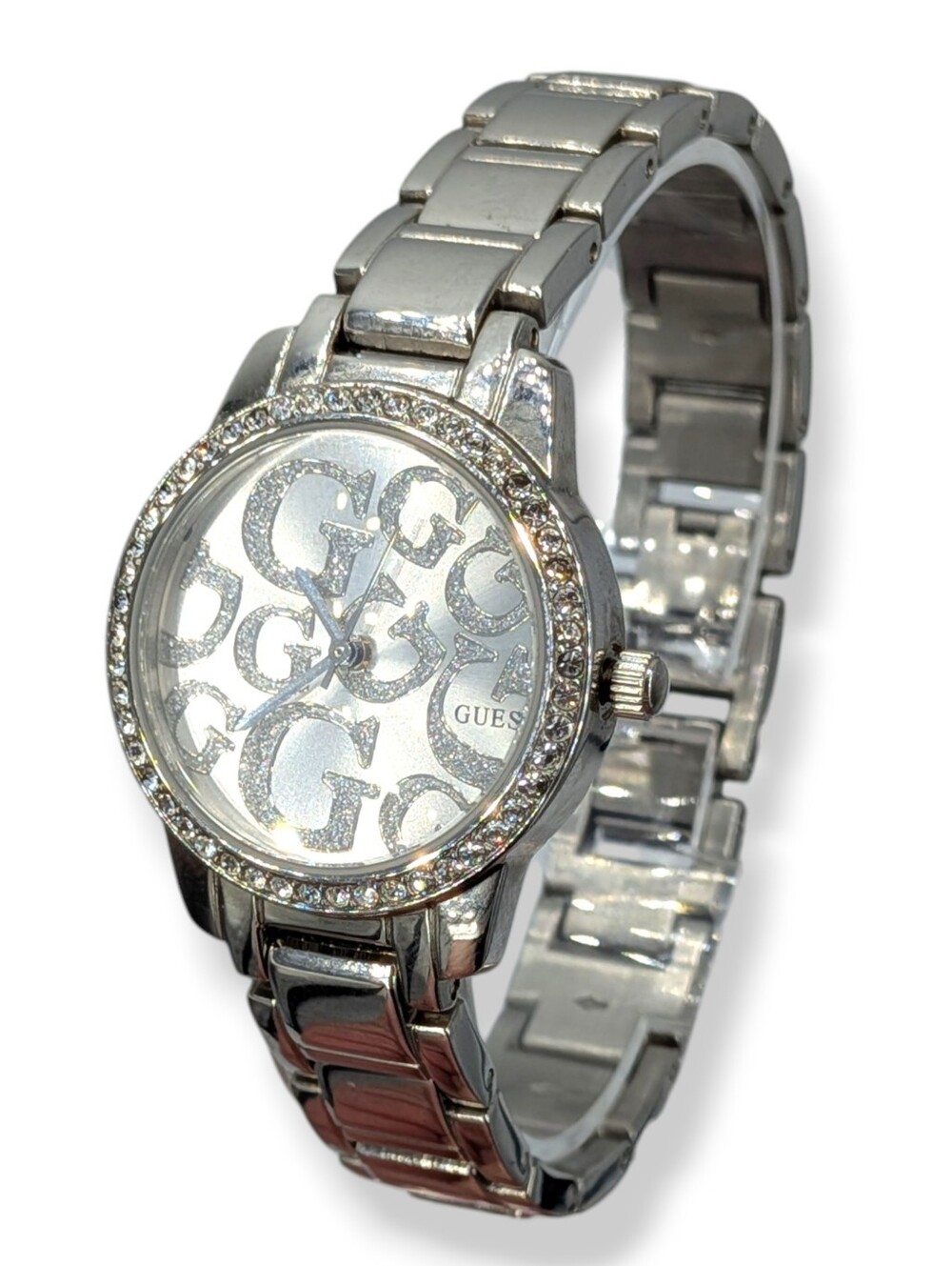 Guess Silver Watch Crystal Women Rhinestone Bezel Sparkling Logo Stainless Steel